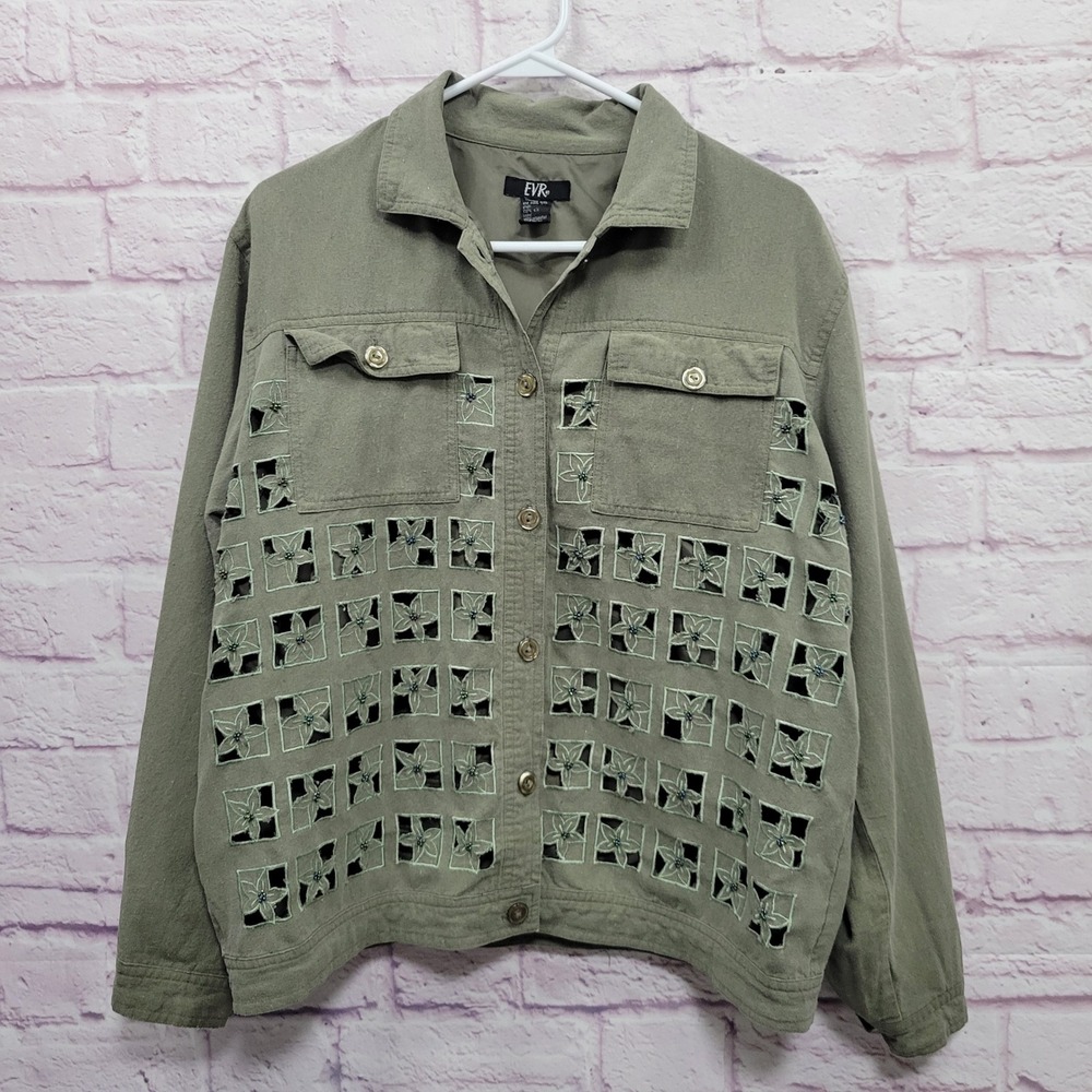 EVR Olive Green Beaded Cutout Floral Jacket Womens‎ M 100% Silk Whimsigoth Boho